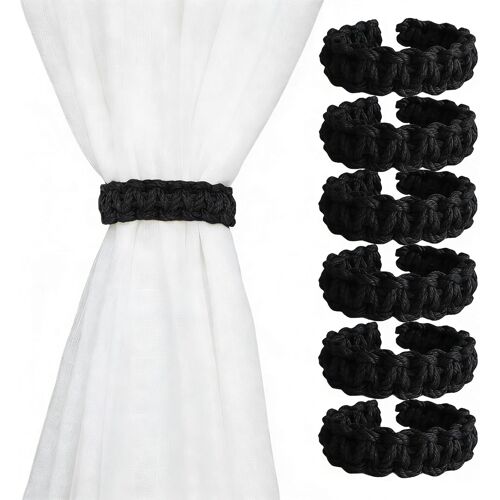 Kalanka-Lot De 6 Embrasses Rideaux Élégants,Sans Percage,Accroche De Rideaux Tressés Bohèmes En Coton-Lin,Supports Attaches À Rideaux,Decoration Chambre (Noir.)