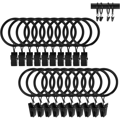 Kalanka-Anneaux De Rideaux 20 Pièces Robustes Antirouille Avec Pinces En Métal Résistantes Pour Tringle À Rideaux Standard ¿ Fixation Facile Pour Voilages Et Rideaux Lourds, Finition Élégante Noire
