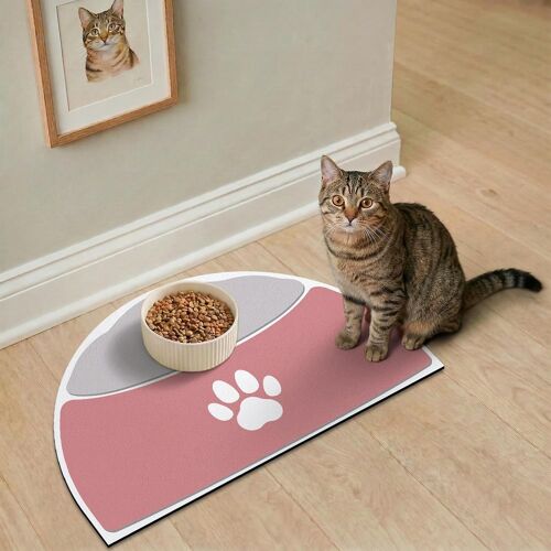 Kalanka-Tapis Gamelle Chat, 51x30,5 Cm Tapis Gamelle Chien Absorbant Pour Petits Animaux, Demi-Cercle Pour Gamelles De Chien, Facile À Nettoyer Adapté Aux Gamelles Simples (Rose & Gris)