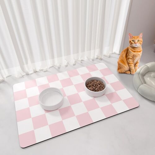 Kalanka-Tapis Gamelle Chat Et Chien 51 X 30,5 Cm, Tapis Antidérapant À Carreaux Pour Animaux De Compagnie, À Placer Sous Les Gamelles Pour Les Buveurs Désordonnés, Facile À Nettoyer, Rose Et Blanc
