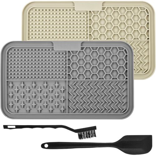 Kalanka-Tapis De Léchage Chien 25x15 Cm, Lot De 2 Tapis De Leche Pour Chien Silicone Avec Ventouse, Lick Mat Dog Avec Spatule Et Brosse, Facile À Nettoyer (Beige + Gris)