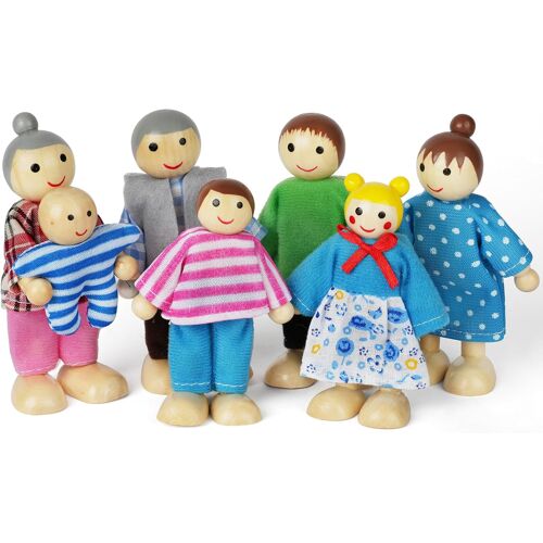 KALANKA-Famille de Poupée en Bois, 7 pièces Ensemble de poupées pour Enfants, Personnage Maison de Poupee, Accessoires de Maison de poupée, Ensemble de Maison de poupée (Cheveux groupés)