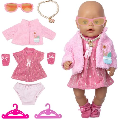 KALANKA-8 Pièces Vêtement de Poupée, Poupée Habit Tenue Poupée de 14-18 Pouces 35-45 cm vêtements de poupée, Manteau Robe Chaussettes Collier Lunettes sous-vêtements avec 2 Cintre pour poupée, Rose