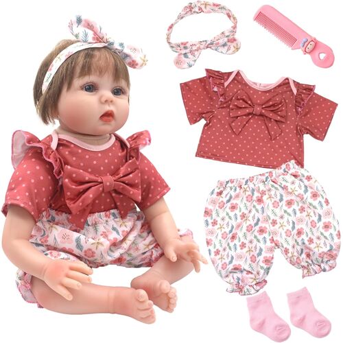 KALANKA-Lot de 5 vêtements poupée mignons de 50 à 55 cm pour fille/garçon - Accessoires avec bandeau floral, haut, pantalon, chaussettes, peigne, robe - Cadeaux pour enfants (rose)