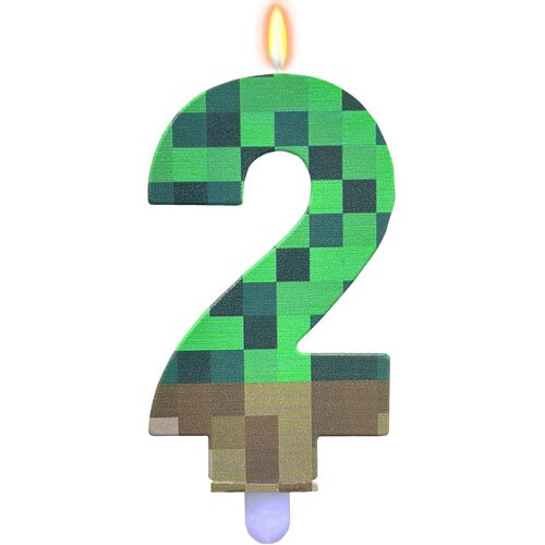KALANKA-Lot de 2 bougies d'anniversaire pixels, motif pixel, pour 2 ans, pour fille et garçon, vertes, jeu vidéo Pixel 2, bougies numérotées, thème pixel, 2 bougies
