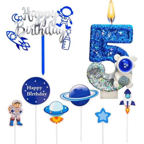 KALANKA-Bougies d'anniversaire Astronaute pour 5 Ans,Bougie Numéro Anniversaire Enfants,Decoration Gâteau Anniversaire Garcon,Espace Thème Décorations de Gâteaux pour Fête d'anniversaire