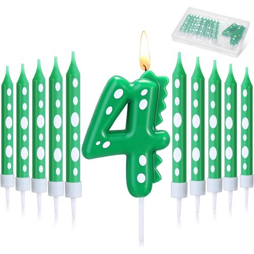 KALANKA-Bougies d'Anniversaire Thème de Dinosaures Verts, 1 Pcs Bougie Numérotée de Gâteaux et 10 Pcs Bougies Longues et Fines pour Décor d'Anniversaire de Fête à Thème Dinosaure (Numéro 4)