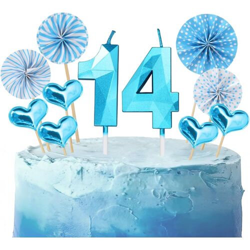 KALANKA-Bougies d'anniversaire Bleu pour 14 Ans,3D Bougie Numéro Anniversaire Garcon,Decoration Gâteau Anniversaire 14 ans,Décorations de Gâteaux pour Enfants Fête d'anniversaire