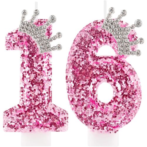 KALANKA-Bougies d'anniversaire 16 ans pour filles, couronne rose, numéro 16, décorations de gâteau pour femmes, fournitures de fête de mariage, anniversaire de mariage
