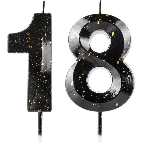 KALANKA-Bougies en forme de chiffre 18 pour 18e anniversaire - Bougie 3D noire et dorée - Cire de qualité supérieure et diamant 3D - Décoration de gâteau pour fête d'anniversaire, anniversaire de mar