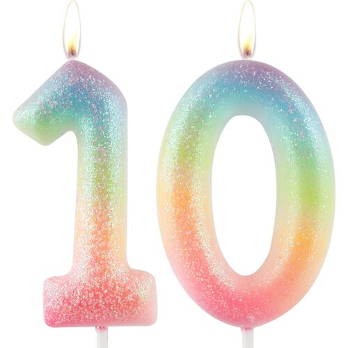 KALANKA-Bougie colorée à paillettes pour 10e anniversaire - Numéro 10 - Décoration de gâteau pour fille et femme - Fournitures de fête à thème coloré - Cadeaux d'anniversaire