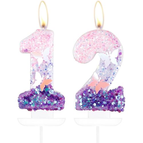 KALANKA-Bougies papillon en forme de chiffre 12 pour gâteau, 12e anniversaire, décorations de gâteau d'anniversaire pour filles, bougies d'anniversaire papillon violet et rose, décorations de gâteau