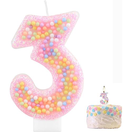 KALANKA-Bougie Anniversaire 3 Ans,Bougie Chiffre 3D,Multicolore Bougies d'anniversaire,Couleur Bonbon Bougie de Décoration Gâteau,Décoration de Gâteau pour Fête d'enfant