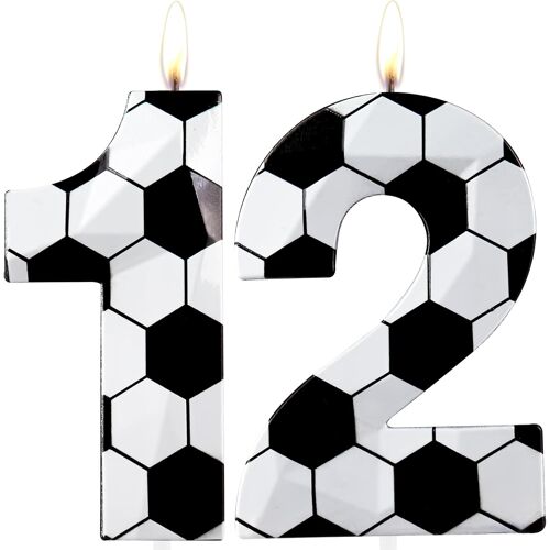 KALANKA-Bougies d'anniversaire en forme de chiffre 12 - Bougie d'anniversaire en cire de qualité supérieure et diamant 3D - Décoration de gâteau sur le thème du football pour homme et garçon - Fourni