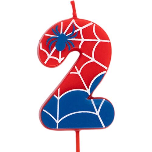 KALANKA-Bougies en forme de chiffre 2 Spider pour gâteaux - Chiffres 0 à 9-6 cm - Parfaites pour les gâteaux d'enfants - Rouge et bleu avec toiles d'araignée et araignée - Bougie d'anniversaire pour