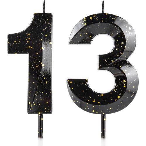 KALANKA-Bougies en forme de chiffre 13 pour 13e anniversaire - Bougie 3D noire et dorée - Cire de qualité supérieure et diamant 3D - Décoration de gâteau pour fête d'anniversaire, anniversaire de mar