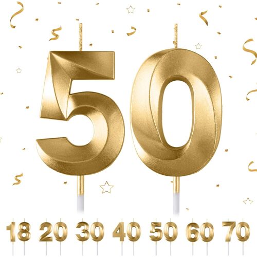 KALANKA-Bougies d'anniversaire avec chiffres pour gâteau, forme de diamant 3D, bougies de gâteau en forme de chiffre 18,20,30,40,50,60,70 paillettes (doré 50)