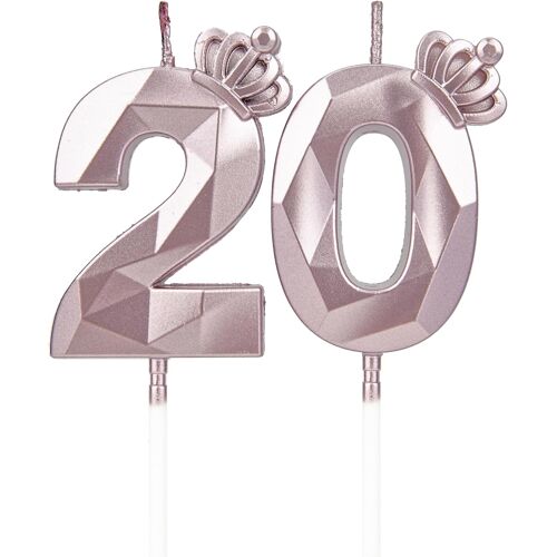 KALANKA-Numéro 20 bougies d'anniversaire, en forme de chiffre 20, Or Rose avec couronne, pour gâteau, décoration d'anniversaire, pour fêtes, mariages, fêtes d'entreprise, jubilés
