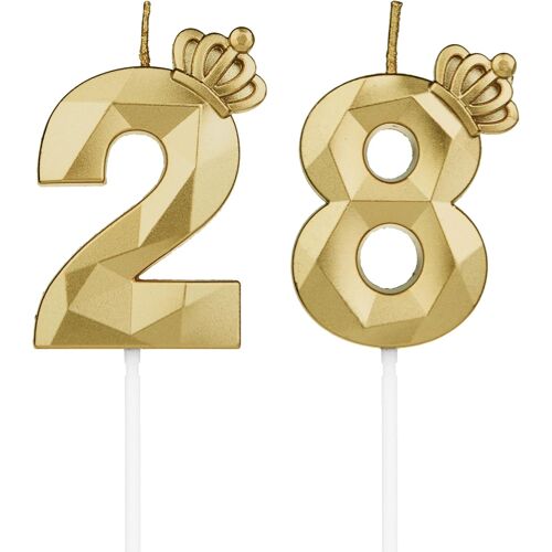 KALANKA-Numéro 28 bougies d'anniversaire, en forme de chiffre 28, Dorée avec couronne, pour gâteau, décoration d'anniversaire, pour fêtes, mariages, fêtes d'entreprise, jubilés