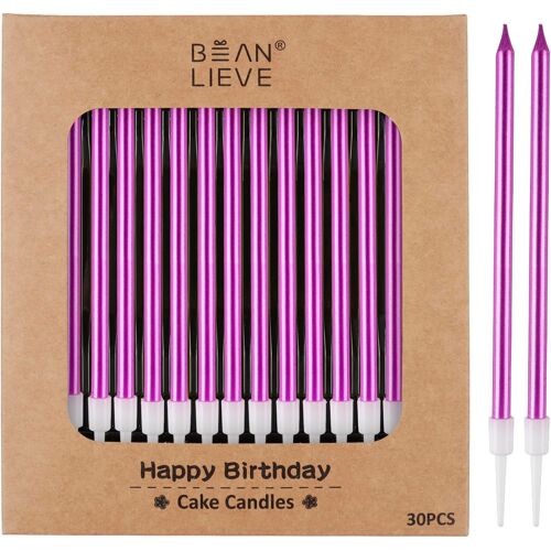 KALANKA-Lot de 30 bougies d'anniversaire longues et fines en métal, bougies pour gâteaux, fêtes d'anniversaire, décorations de mariage, bougies de fête, décorations de gâteaux (violettes)