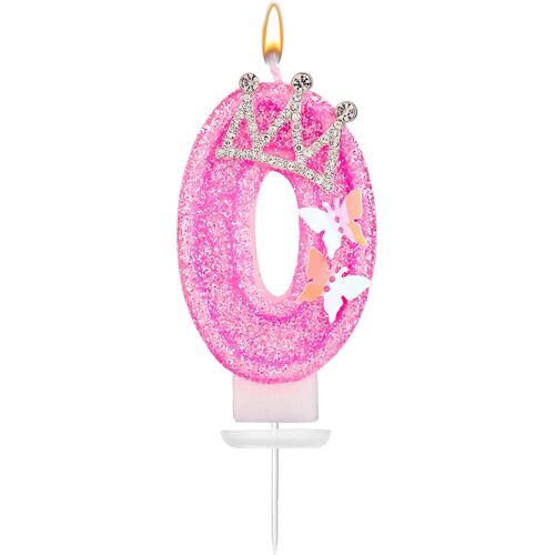 KALANKA-Bougie Numéro d'Anniversaire, 7,3cm Bougies Numérotées Roses à Paillettes avec Papillon et Couronne Strass Bougies Numérotées d'Anniversaire Décorations d'Anniversaire Parfaites(Numéro 0)