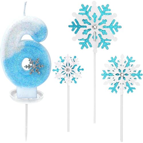 KALANKA-Bougie Anniversaire Chiffre, Bougie 6 An Fille, Bleu et Blanc, Bougies en Forme de Flocon de Neige pour Gâteau Fille, Décorations de Gâteau d'Anniversaire sur le Thème de Neiges