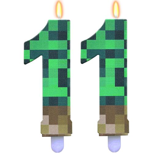 KALANKA-Bougies d'anniversaire pixel chiffre 11, bougie 11 anniversaire fille garçon, vert 11 bougies d'anniversaire, 11e anniversaire gâteau bougies, 11 bougies numérotées, jeu vidéo pixel thème 11