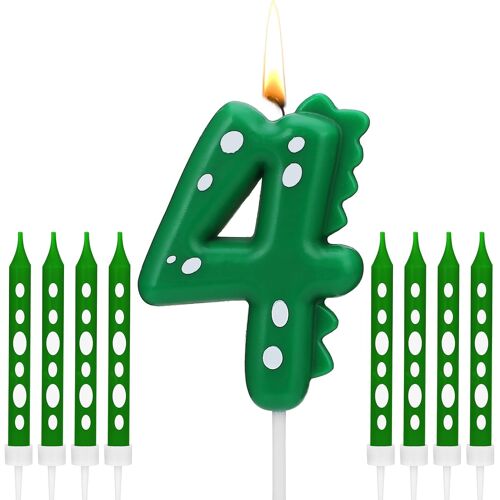 KALANKA-Bougie de gâteau numérique dinosaure numéro 4 - 1 bougie chiffre et 8 longues bougies fines, 6,8 cm - Bougies d'anniversaire incurvées pour gâteau, décoration de fête à thème