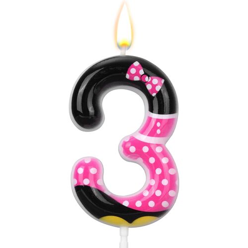 KALANKA-Bougie d'Anniversaire Rose et Noire, Mignonne Souris de Dessin Animé Décoration de Gâteau Bougie Numérotée pour Thème Souris Filles Fête d'Anniversaire Décorations Fournitures (Numéro 3)