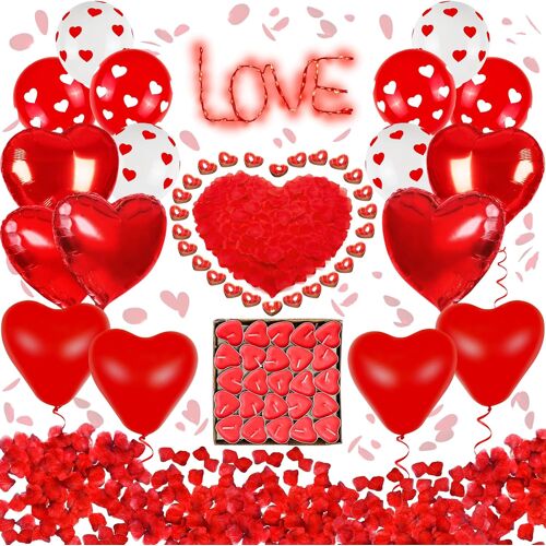 KALANKA-Romantique Décorations Set 50 Bougies en Forme de Coeur 17 Ballons 1000 Pétales et lumières de Chaîne, Saint Valentin Décoration pour Mariage, Décoration de Table, Anniversaire, Ballons