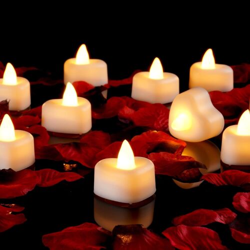 KALANKA-Lot de 1000 pétales de rose artificiels et 12 bougies chauffe-plat LED en forme de c?ur - Kit romantique pour demande en mariage, anniversaire, Saint-Valentin, décoration de table de mariage