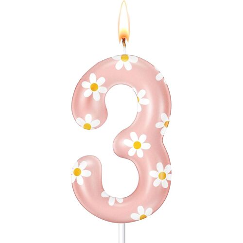 KALANKA-Bougies d'anniversaire en forme de marguerite, 3 bougies numérotées, décoration pour 3e anniversaire fille, décoration de gâteau 3e anniversaire, pour fille
