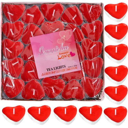 KALANKA-50 Pièces Bougies en Forme de Coeur, Bougie Saint Valentin, Bougies Chauffe-Plat Coeur Rouge pour Anniversaire, Mariage, Fête, Saint-Valentin