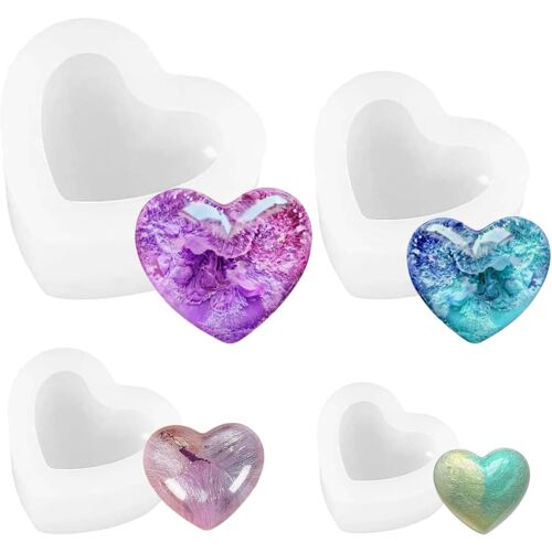 KALANKA-4 Pièces Resine Epoxy Moule à Coeur 6,7 × 7,2 × 3,5 cm, 5,7 × 5,9 × 3,5 cm, 4 × 4,5 × 2,5 cm, 3 × 3,2 × 1,9 cm Moule en Silicone en Forme de C?ur 3D pour Savon, Bougies, Résine et L'Artisanat