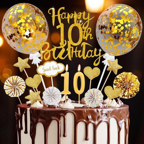 KALANKA-Lot de 20 décorations de gâteau dorées pour 10e anniversaire garçon et fille, avec bougies d'anniversaire, pour 10 décorations de gâteau Happy Birthday