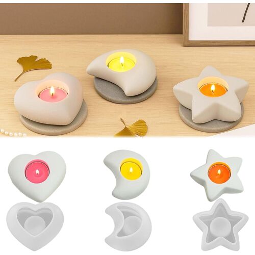 KALANKA-Lot de 3 moules en silicone - Bougeoir en silicone - Forme c?ur - Moules en silicone - Étoile - Moules en plâtre pour couler l'étoile et la lune - Moules en silicone pour bougies