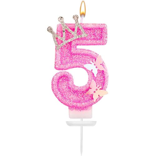 KALANKA-Bougie anniversaire en forme de chiffre rose scintillant de 7,3 cm avec papillon et couronne en strass pour fille - Décoration parfaite pour mariage