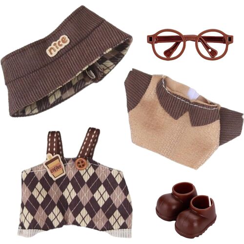 KALANKA-5 Pièces Vêtements pour 17 cm Poupée, Accessoires pour Poupées, 1 Chapeau + 1 Costume + 1 Lunettes + 1 Chaussures (Brun)