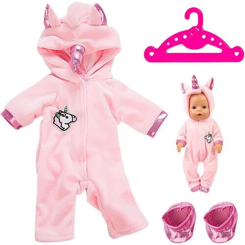 KALANKA-1 ensemble de vêtements et de chaussures de poupée rose, 1 cintre avec oreilles et cornes, combinaison d'hiver, accessoires de vêtements pour bébés, vêtements de jouets de poupée (43 cm)