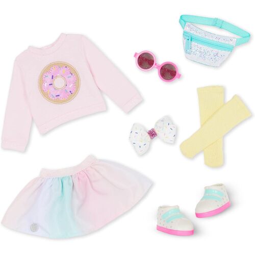 KALANKA-- Les Filles à Paillettes - Tenue pour poupées de 36 cm - Vêtements et Lunettes de Soleil colorés pour poupées - Pull, Jupe, Sac Banane et Autres Articles Roses - 3 Ans et +