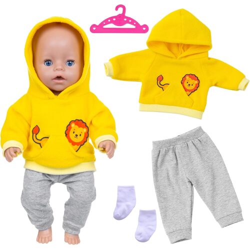KALANKA-Vêtements de poupée New Born Baby 35-43 cm : 1 sweat à capuche Animal Element, 1 pantalon gris, 1 paire de chaussettes, 1 suspension
