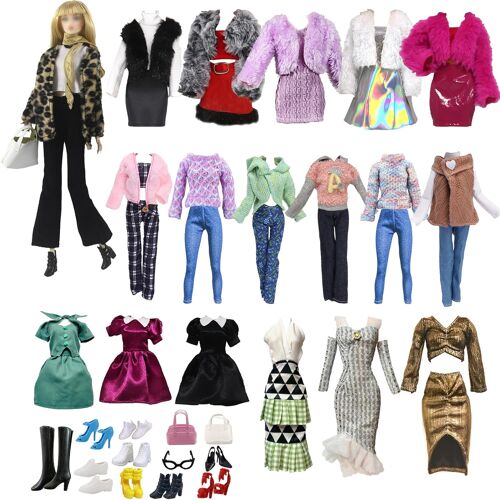 KALANKA-19pcs Vêtements et Accessoires de Poupée Léopard Manteau 4 Pièces Ensemble + 4 Jupes + 1 Pull et Pantalon Ensemble + 7 Paires Chaussures + 1 Lunettes + 1 Sac à Main pour Poupée de 11,5 Poupée
