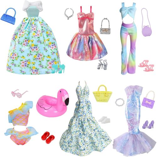 KALANKA-21 vêtements, 1 jupe florale verte, 1 robe camisole rose, 1 pantalon haut, 1 robe à fleurs avec décolleté suspendu, 1 robe sirène, 1 maillot de bain pour poupée de 11,5 pouces, cadeau