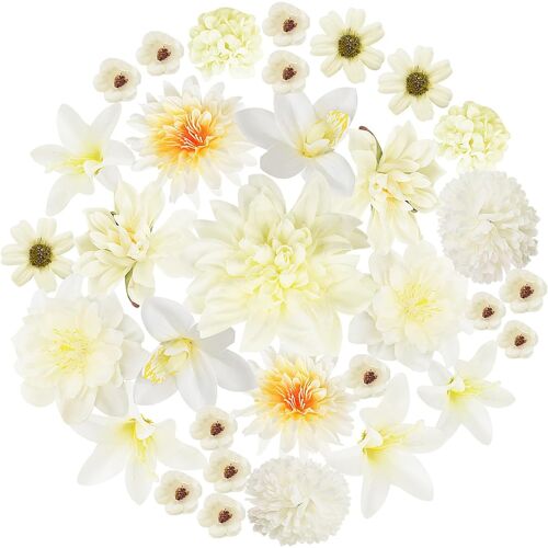 KALANKA-Lot de 35 fleurs en plastique pour artisanat, mini fleurs décoratives en blanc, pour bouquet de mariée, tableau mural, fête de mariage, fête, maison, jardin, bricolage, décoration, accessoire