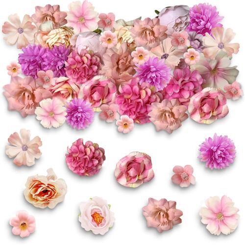 KALANKA-20 Pièces Fleurs Artificielles Deco 3-5cm Fausse Fleur Decoration Petite Tête de Fleur Artificielle Deco Fleurs en Tissu pour Saint Valentin DIY Mariage Bouquet Couronne Fête Décoration (Rose