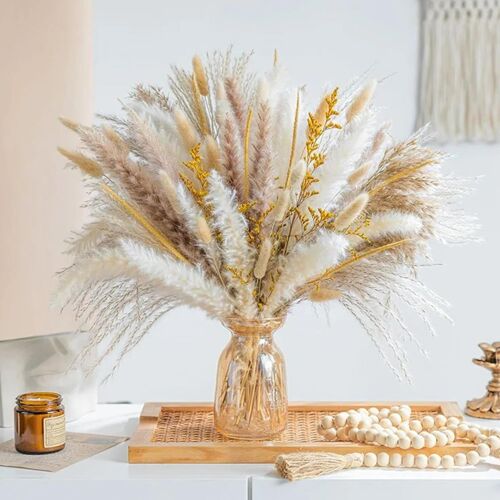 KALANKA-Lot de 120 herbes de la pampa décoratives pour l'automne - Petites fleurs artificielles naturelles séchées pour décoration Boho - Salon, chambre, jardin, maison, mariage