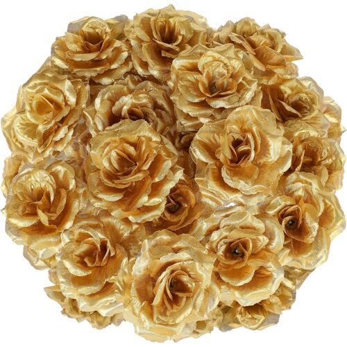 KALANKA-Lot de 25 Roses Artificielles en Or, 8 cm Têtes de Fleurs Artificielles pour le Bricolage, Décoration de Table, Fleurs Artificielles, Roses en Tissu, Fleurs Décoratives en Soie, Roses