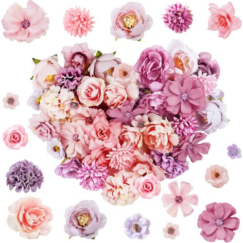 Kalanka-Fleurs Artificielles Deco, 40pcs Petite Têtes De Fleur En Tissu, 9 Styles Mini Decoration Fausses Fleurs Pour Diy Bouquet Scrapbooking Mariage Gâteau Fête Artisanat(Rose, Violet)