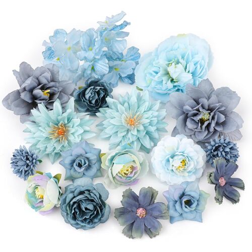 KALANKA-17 Pieces Fleurs Artificielles, Têtes de Fleurs Rose Pivoine Nénuphar Artificielles, Fausse Fleur Decoration pour DIY Bouquet Couronne Mariage Fête Festival Maison Jardin Artisanat(Bleu)