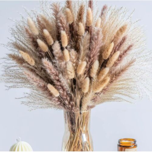 KALANKA-95 Pcs Herbe de Pampas Séchées Brun Beige, Ensemble de Décoration de Pampa Séchée et Fleurs Séchées de Queues de Lapin, Naturelle Décoration Boho pour Maison, Table, Mariage, Fête